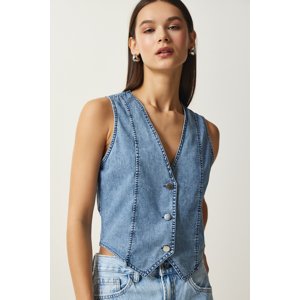 Happiness İstanbul Women's Light Blue Metal Button Detailed Thin Denim Vest