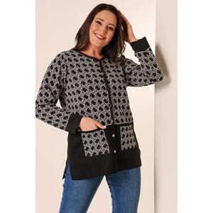 By Saygı Geometric Pattern Plus Size Knitwear Cardigan with Front Buttoned Pockets