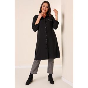 By Saygı Front Buttoned Three Quarter Sleeve Pearl Detailed Plus Size Ayrobin Long Tunic