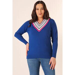 By Saygı Striped V-Neck Plus Size Knitwear Sweater