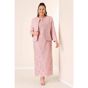 By Saygı Sleeveless Floral Lace Long Dress Stone Detailed Crepe Jacket Lined Plus Size 2-Piece Suit