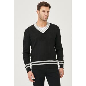 AC&Co / Altınyıldız Classics Men's Black-gray Standard Fit V-Neck Braided Patterned Knitwear Sweater