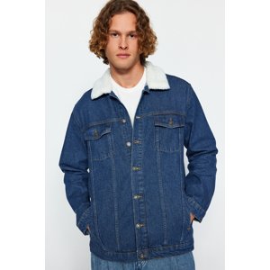 Trendyol Men's Navy Blue Regular Fit Shearling Collar Denim Jacket