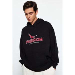Trendyol Men's Black Oversize/Wide-Fit Hooded Mesh Embroidery Fleece Cotton Sweatshirt