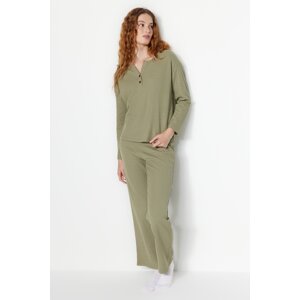 Trendyol Green Waffle Tshirt-Pants Knitted Pajamas Set