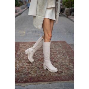 Madamra Beige Women's Knee Length Heeled Boots