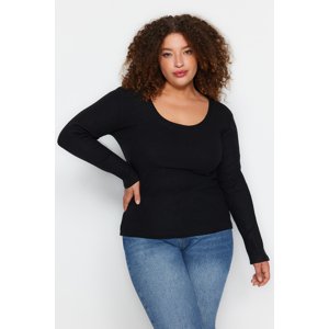 Trendyol Curve Black Crew Neck Plain Basic Corded Knitted Blouse