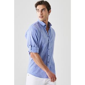 AC&Co / Altınyıldız Classics Men's Saks Blue Comfort Fit Relaxed Cut Linen Buttoned Collar Casual Shirt