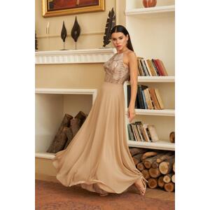 Carmen Mink Sequined Long Evening Dress with Low-cut Back