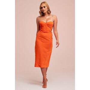 Carmen Orange Stone Lace Midi Crepe Evening Dress