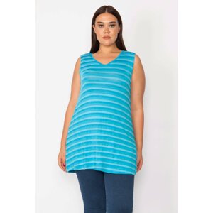 Şans Women's Large Size Blue V-Neck Viscose Striped Blouse