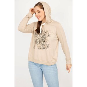 Şans Women's Mink Large Size Hooded Print and Stone Detailed Sweatshirt