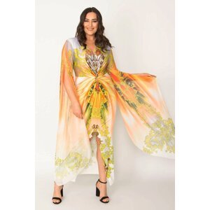 Şans Women's Plus Size Colorful Sleeves Chiffon Detailed Evening Dress with a Slit
