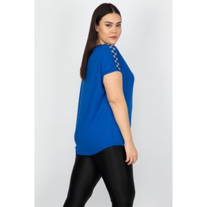 Şans Women's Plus Size Saxe Blue Shoulder Detailed Viscose Blouse