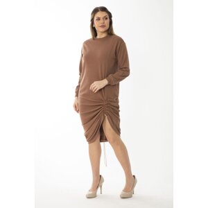 Şans Women's Plus Size Camel Skirt Elastic Gathered Sweatshirt Dress