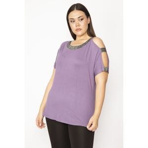 Şans Women's Plus Size Purple One Shoulder And Collar Silvery Detailed Blouse