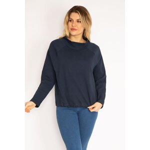 Şans Women's Plus Size Navy Blue Raglan Sleeve Hem Eyelet Laced Sweatshirt