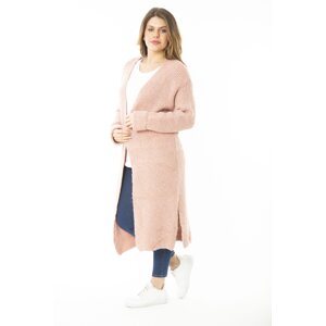 Şans Women's Plus Size Pink Knitwear Long Cardigan with a Slit