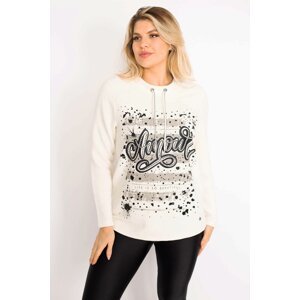 Şans Women's Plus Size Bone Collar Eyelet Laced Stone And Print Detailed Sweatshirt
