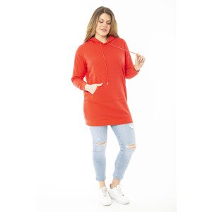 Şans Women's Plus Size Red Inner Raising Two Thread Hooded Sweatshirt