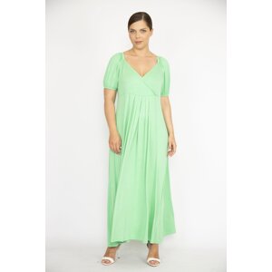 Şans Women's Large Size Green Shoulder and Sleeve Rubber Detailed Wrap Collar Dress