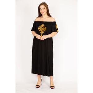 Şans Women's Black Plus Size Collar Elastic Shoulder And Front Embroidery Detailed Dress