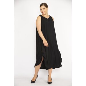 Şans Women's Black Large Size Aerobin Fabric Sleeveless Long Dress with Skirts and Epaulets