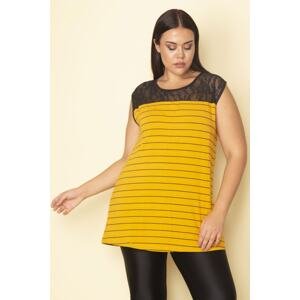 Şans Women's Plus Size Yellow Robe Lace Striped Blouse