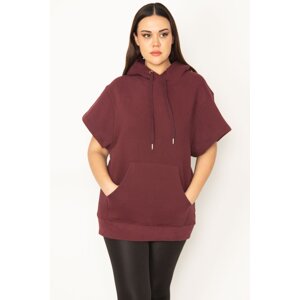 Şans Women's Plus Size Damson 3 Thread Raised Kangaroo Pocket And Hooded Short Sleeve Sweatshirt