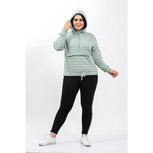 Şans Women's Plus Size Green Front Button Zipper And Waist Lace Detail Hooded Sweatshirt