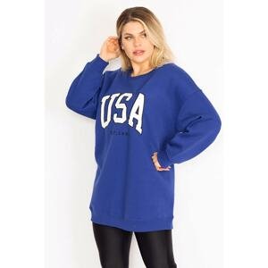 Şans Women's Plus Size Saks Embroidery Detail 3-Thread Intercalated Fleece Sweatshirt