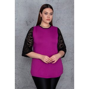 Şans Women's Plus Size Purple Flocked Sleeves Tulle Detail Viscose Blouse