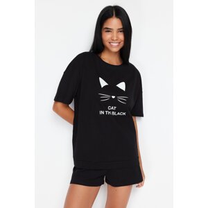 Trendyol Black Cat Printed Wide Fit Knitted Pajamas Set