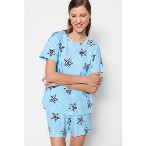 Trendyol Blue 100% Cotton Star Pattern T-shirt-Shorts Knitted Pajamas Set