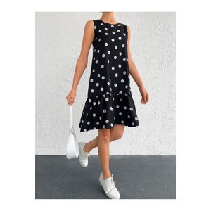 armonika Women's Black Daisy Pattern Sleeveless Frilly Skirt Dress