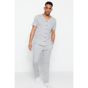 Trendyol Gray Regular Fit Buttoned Collar Striped Pajamas Set