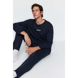 Trendyol Navy Blue Printed Knitted Pajamas Set