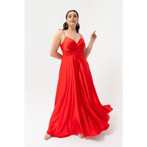 Lafaba Dámské červené lanové popruhy Plus Size Saténové dlouhé večerní šaty a promoční šaty