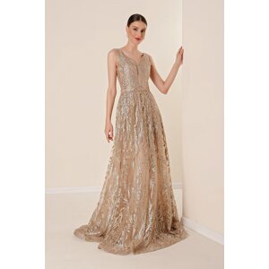 By Saygı Thick Straps Lined Silvery Flock Printed Long Dress Gold