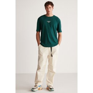 GRIMELANGE Kylee Men's Regular Fit Thick Fabric Embroidered 100% Cotton Green T-shirt