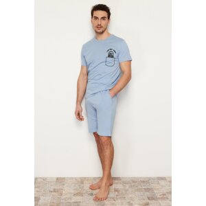 Trendyol Blue Printed Regular Fit Knitted Pajamas Set