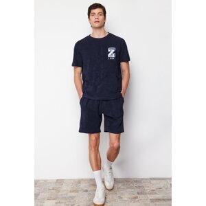 Trendyol Navy Blue Regular Fit Embroidered Terry Fabric Pajamas Set