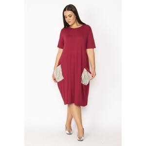Şans Women's Plus Size Claret Red Viscose Dress with Pocket Sequin Detail