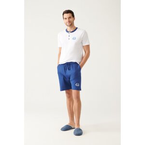 Avva Men's Indigo Buttoned Bomber Collar 100% Cotton Special Boxed Short Sleeve Pajamas Set with Shorts