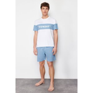 Trendyol Men's Blue Regular Fit Slogan Printed Knitted Pajamas Set