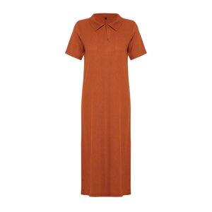 Trendyol Cinnamon Polo Neck Short Sleeve Crepe/Textured Knitted Midi Dress