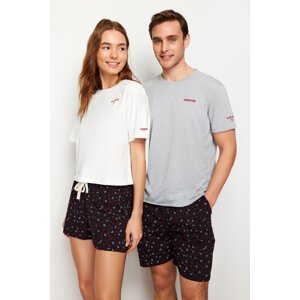 Trendyol Gray Black Embroidered Regular Fit Couple Knitted Pajamas Set with Shorts