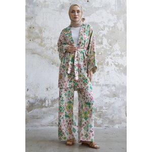InStyle Shaped Patterned Linen Kimono Suit - Green