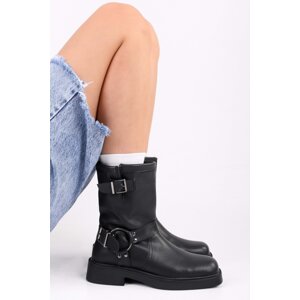 Shoeberry Women's Brocks Black Skin Buckle Thick Sole Boots