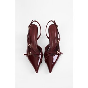 Shoeberry Women's Lover Burgundy Patent Leather Belted Buckled Pointed Stiletto